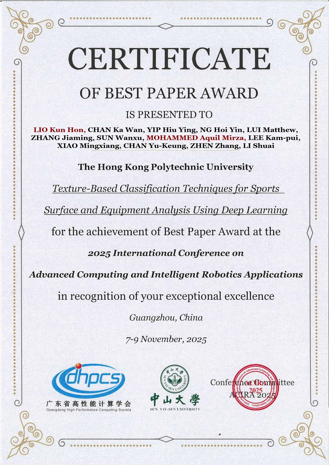 ICACIRA 2025 Best Paper Award certificate and recognition