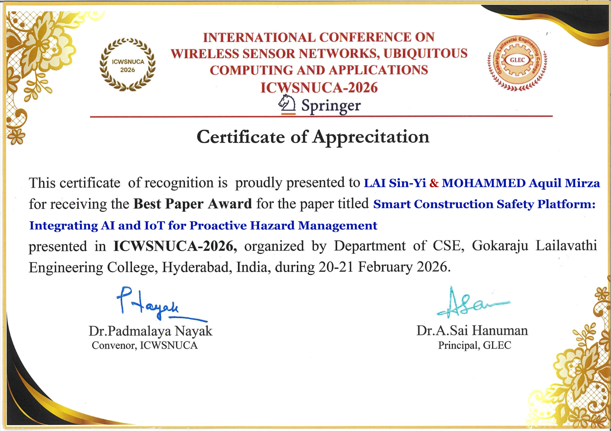 Springer ICWSNUCA 2026 Best Paper Award certificate and recognition
