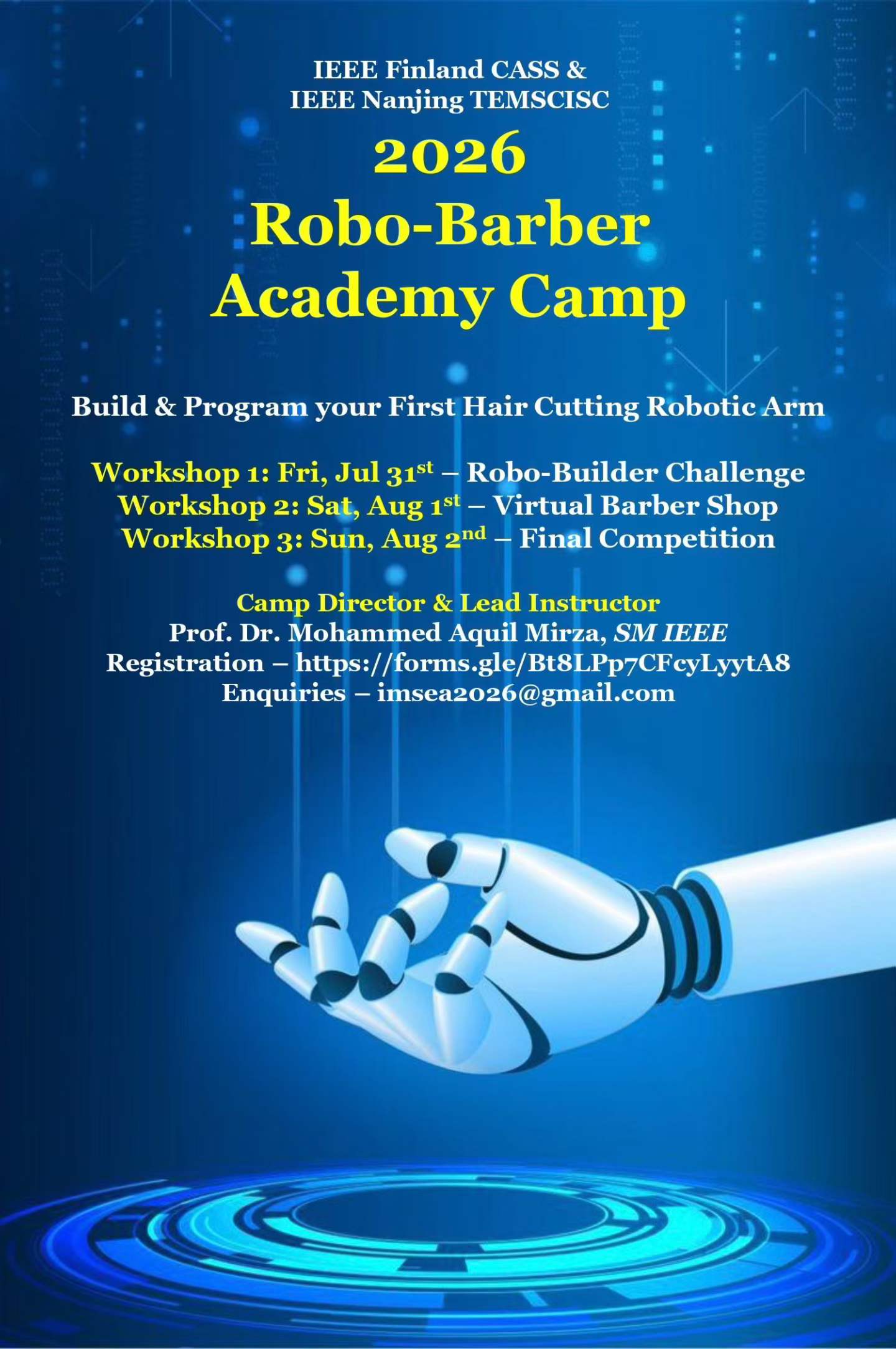 Robo-Barber Academy Camp 2026 — Camp Director & Lead Instructor, with IEEE Finland CASS & IEEE Nanjing TEMSCISC