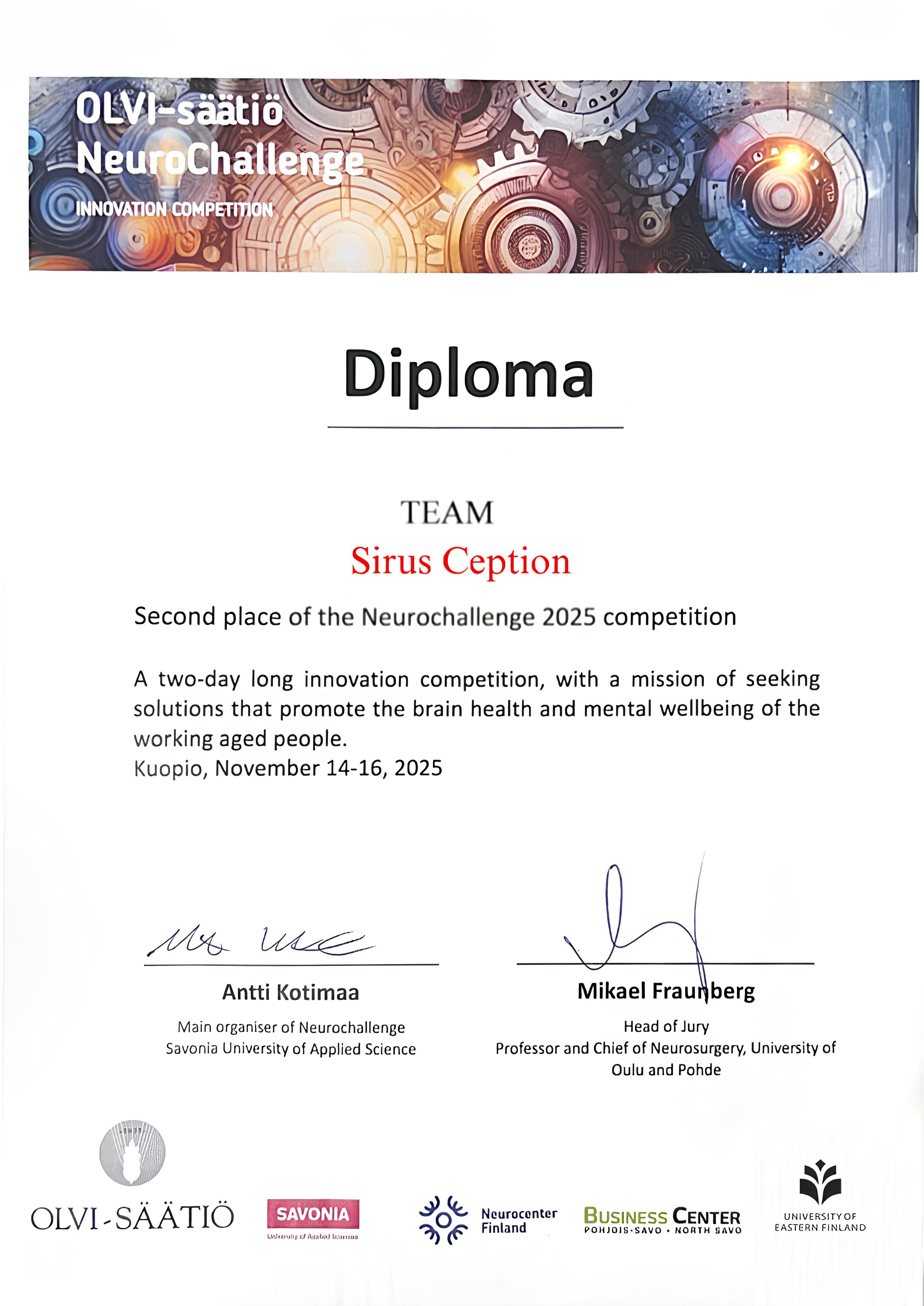 Original diploma: team Sirus Ception, second place in the OLVI-Säätiö NeuroChallenge 2025 innovation competition, Kuopio, Finland